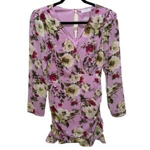 Lush Floral Long Sleeve Ruched Ruffle Mini Dress Mauve Magenta Size S Minidress